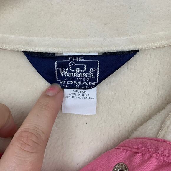 Woolrich womens xl vintage 90s fleece t snap pullover sweatshirt white pink - Picture 2 of 11